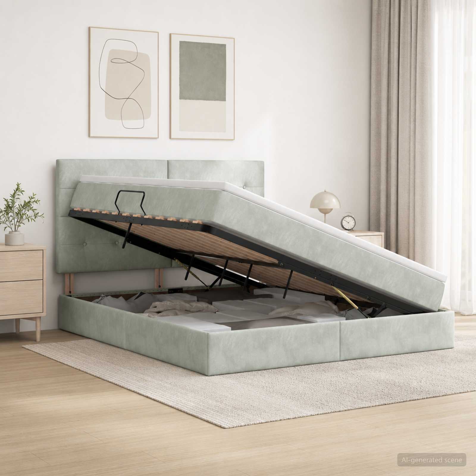Ottoman-Bett mit Matratze und LED Hellgrau 140 x 190 cm Samt