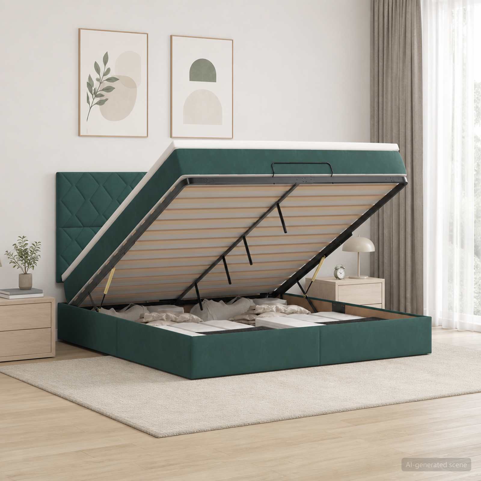 Ottoman Bett mit Matratze Dunkelgrün 140 x 190 cm Samt