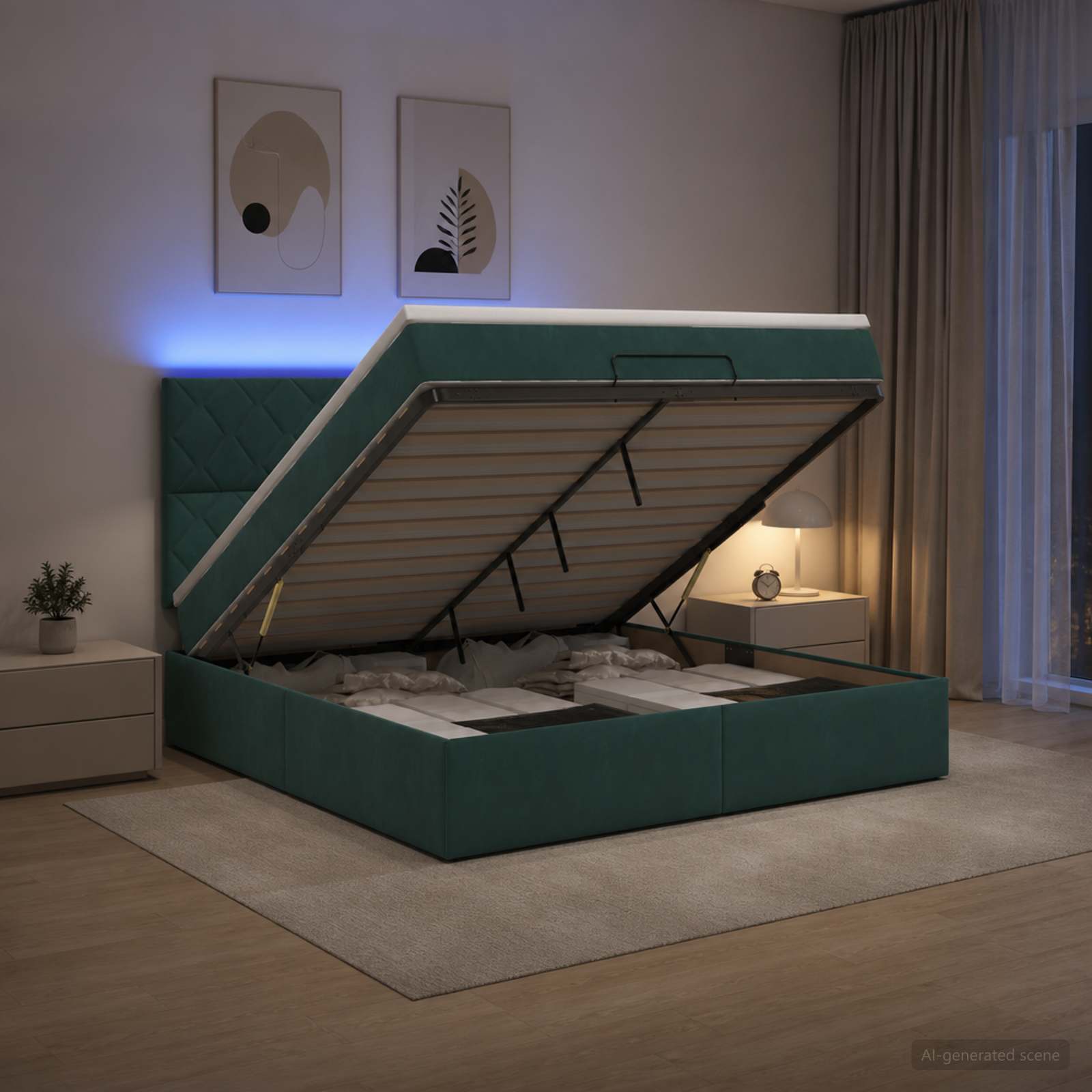 Ottoman-Bett mit Matratze und LED Dunkelgrün 140 x 190 cm Samt