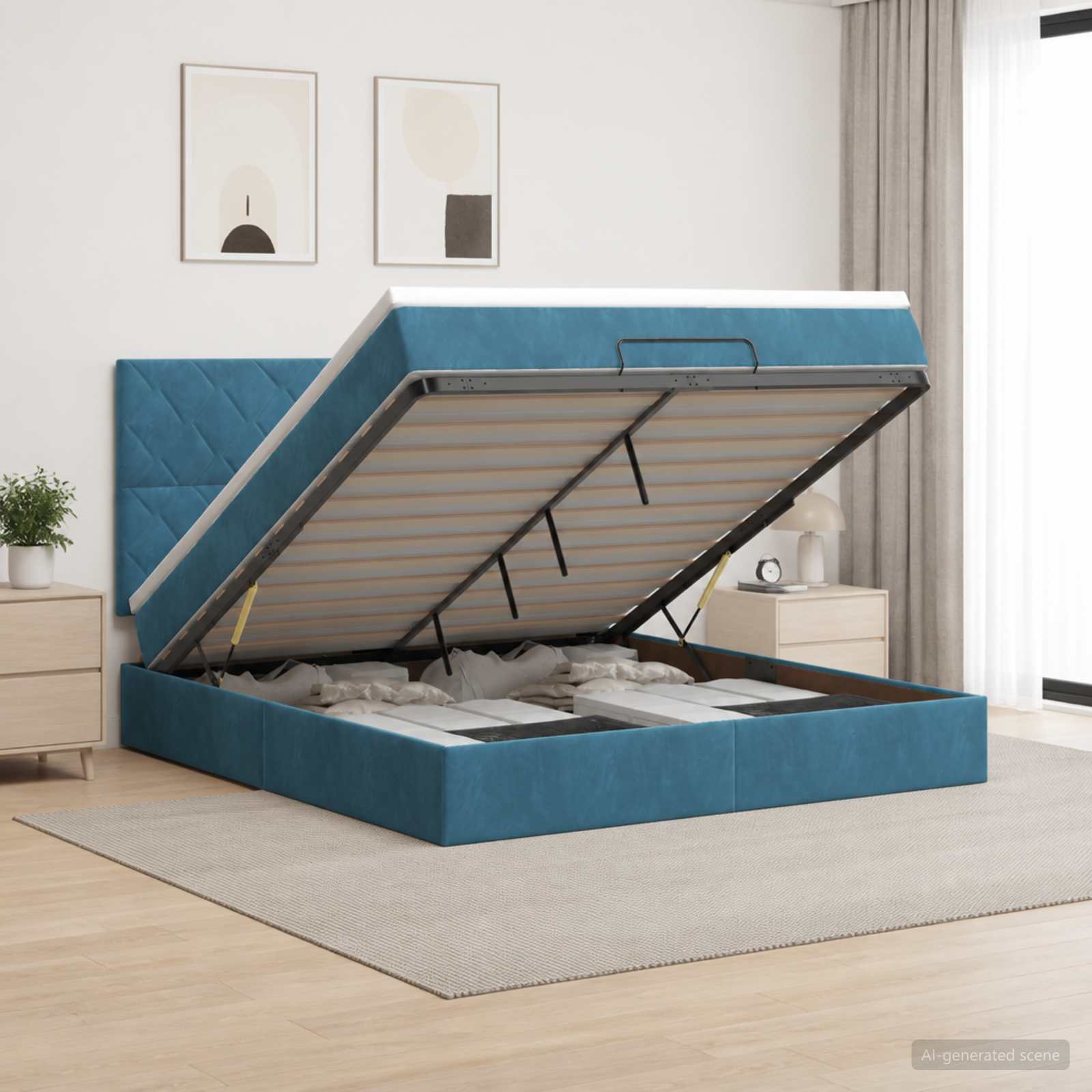 Ottoman Bett mit Matratze Dunkelblau 140 x 190 cm Samt