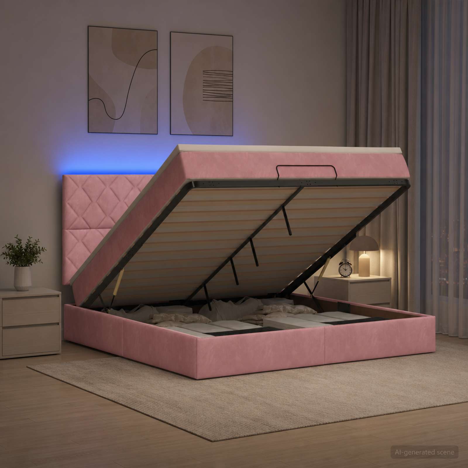 Ottoman-Bett mit Matratze und LED Rosa 140 x 190 cm Samt