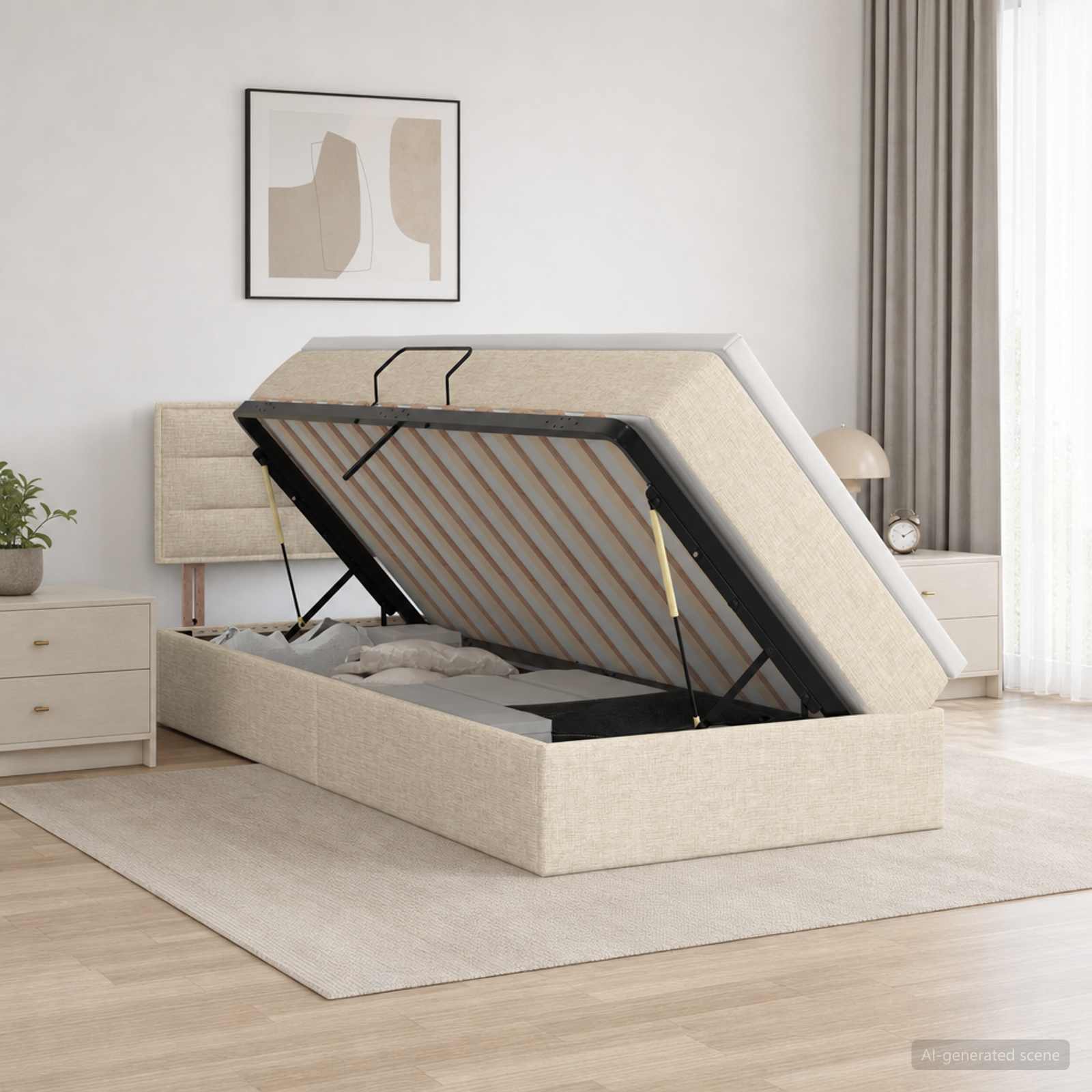 LED-Speicherbett mit Matratze Creme 100 x 200 cm Stoff