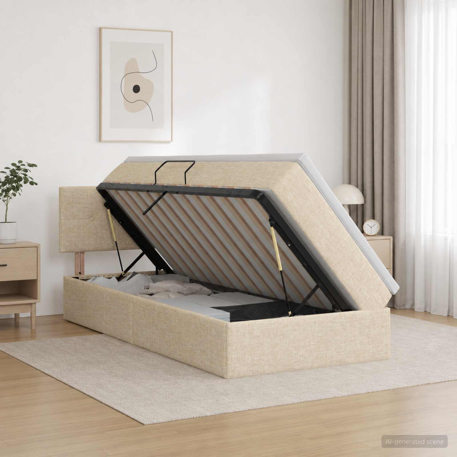 Aufbewahrungsbett mit Matratze Creme 90 x 200 cm Samt