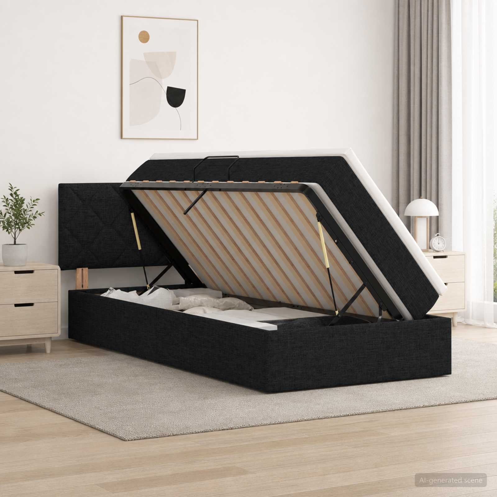 LED-Speicherbett mit Matratze Schwarz 90 x 200 cm Stoff