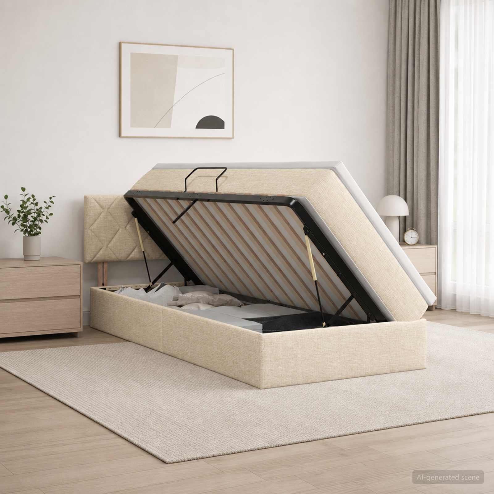 Aufbewahrungsbett mit Matratze Creme 100 x 200 cm Samt