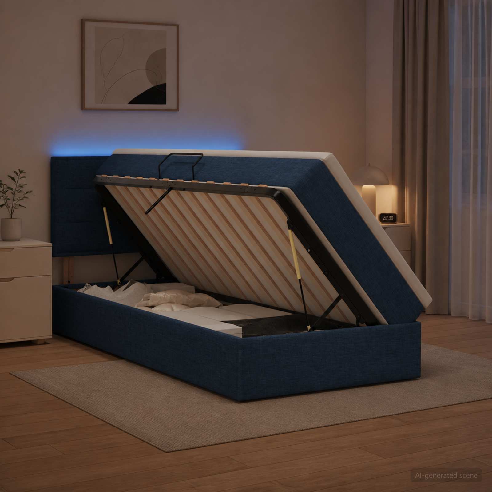 LED-Speicherbett mit Matratze Blau 100 x 200 cm Stoff