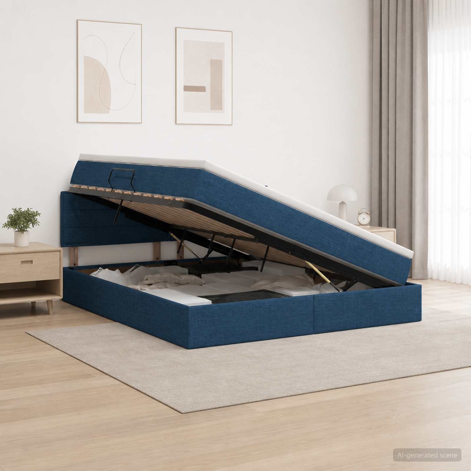 LED-Speicherbett mit Matratze Blau 140 x 200 cm Stoff