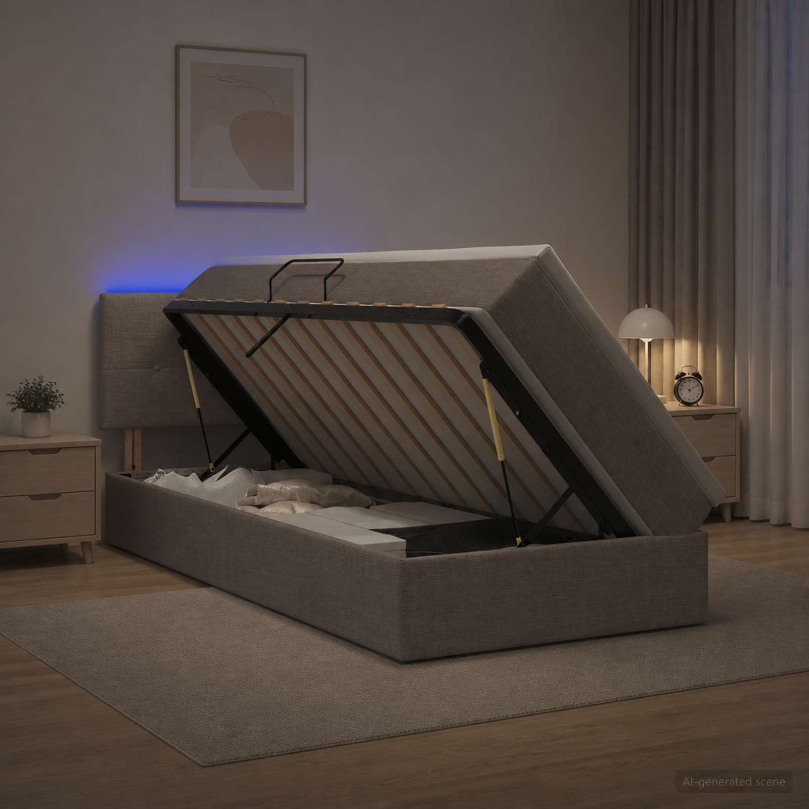 LED-Speicherbett mit Matratze Taupe 90 x 200 cm Stoff