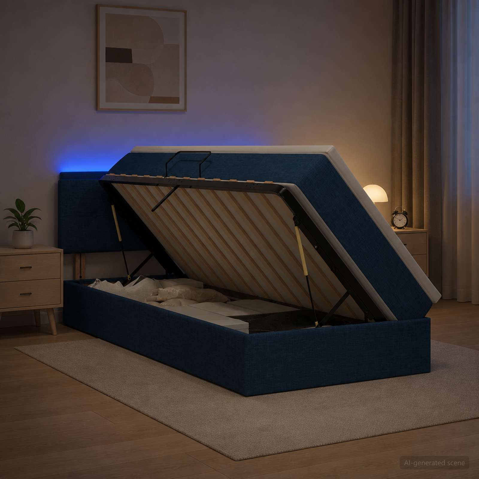 LED-Speicherbett mit Matratze Blau 100 x 200 cm Stoff