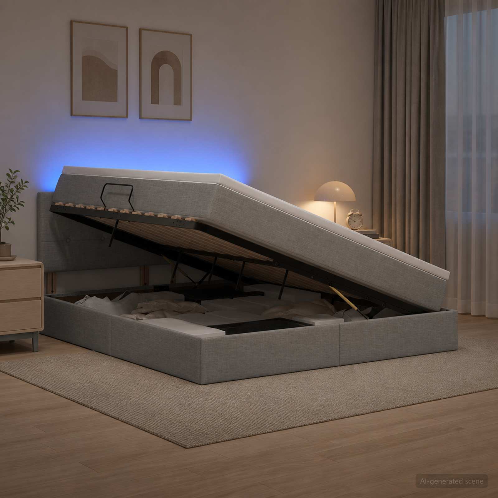 LED-Speicherbett mit Matratze Hellgrau 140 x 190 cm Stoff