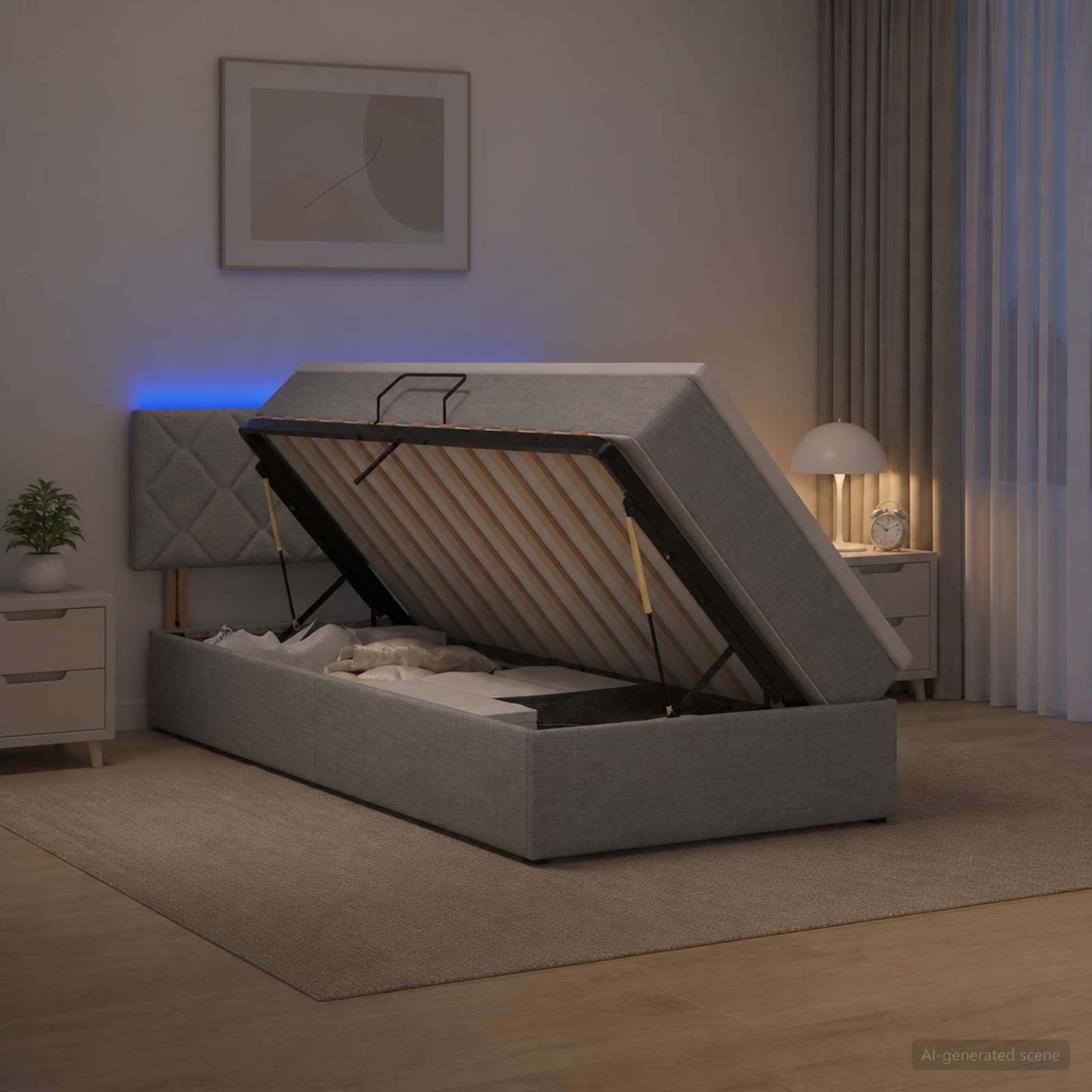 LED-Speicherbett mit Matratze Hellgrau 90 x 200 cm Stoff