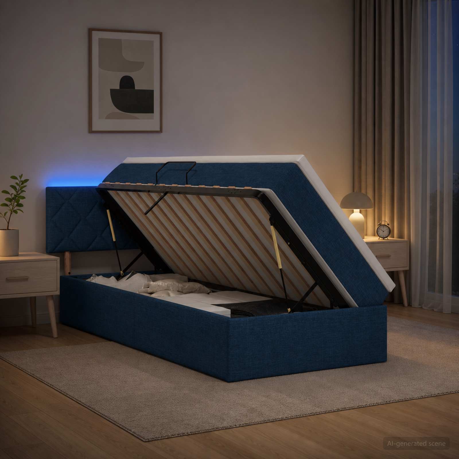 LED-Speicherbett mit Matratze Blau 100 x 200 cm Stoff