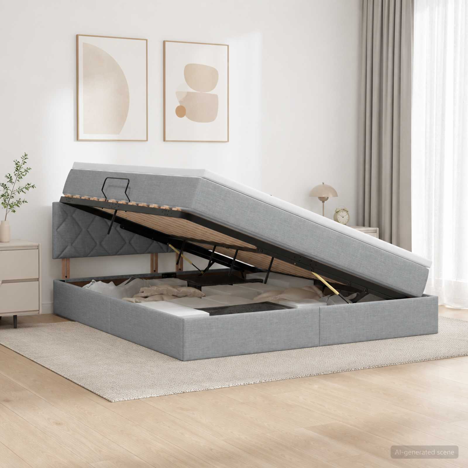 LED-Speicherbett mit Matratze Hellgrau 140 x 200 cm Stoff