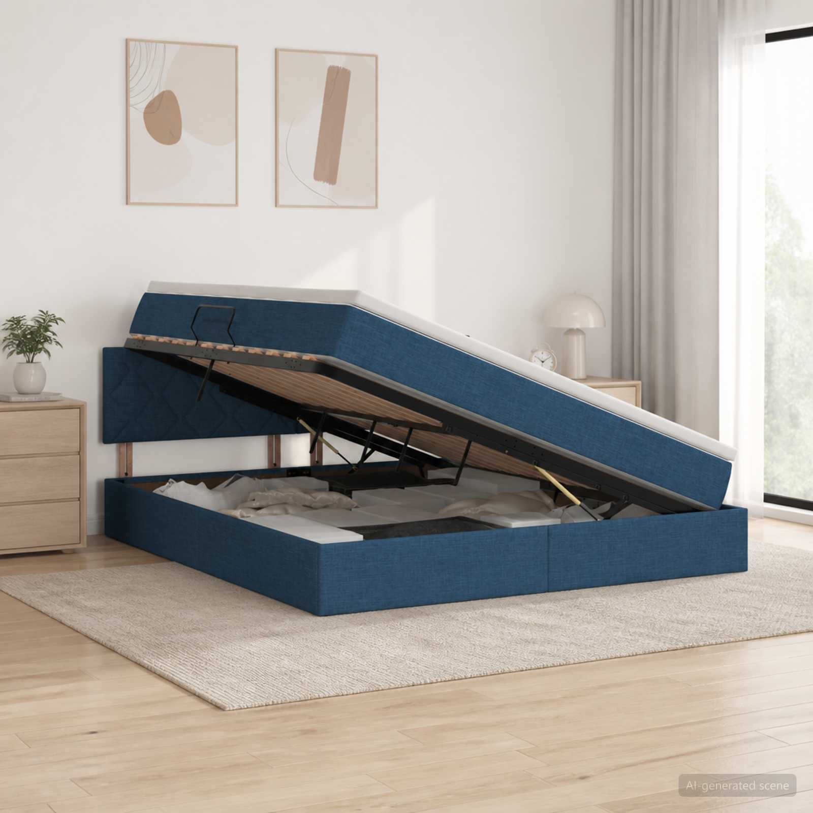 LED-Speicherbett mit Matratze Blau 140 x 200 cm Stoff