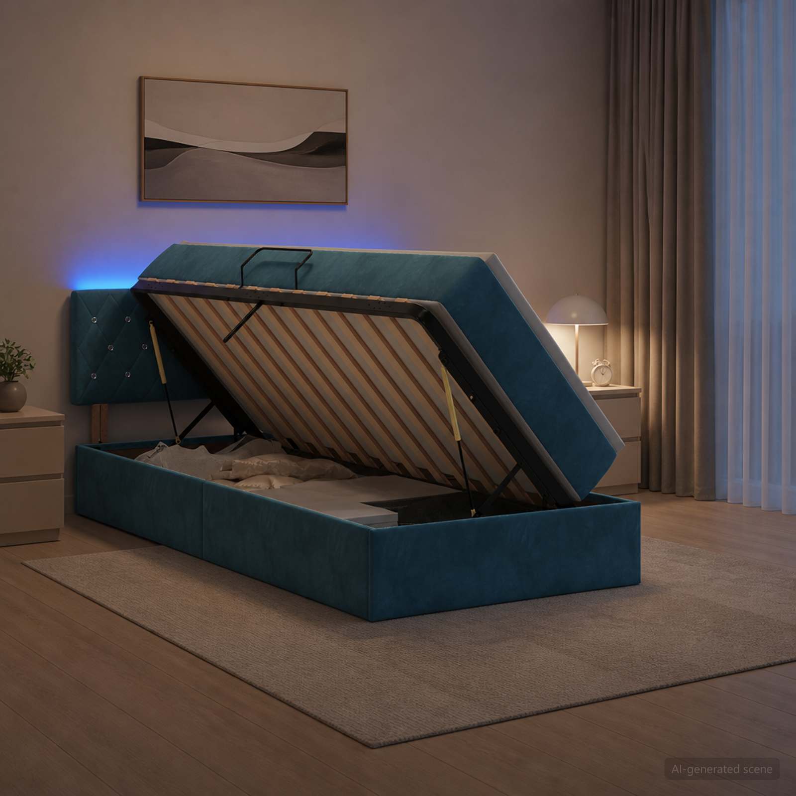 LED-Speicherbett mit Matratze Dunkelblau 90 x 200 cm Samt
