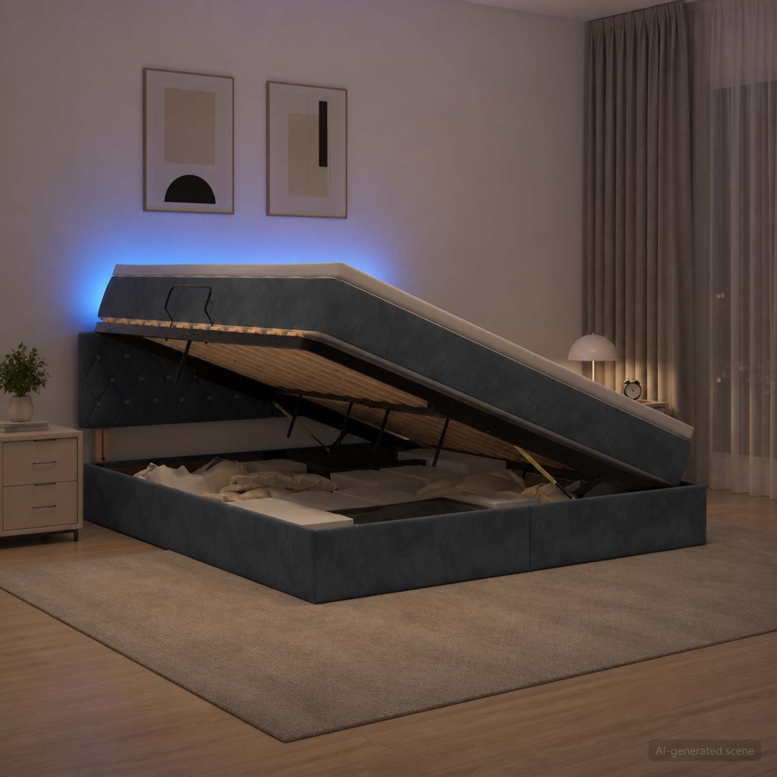 LED-Speicherbett mit Matratze Dunkelgrau 160 x 200 cm Samt