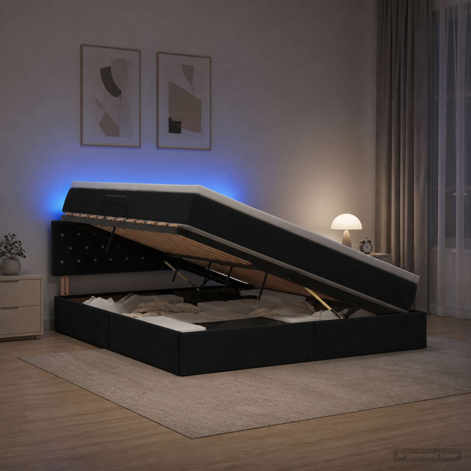 LED-Speicherbett mit Matratze Schwarz 160 x 200 cm Samt