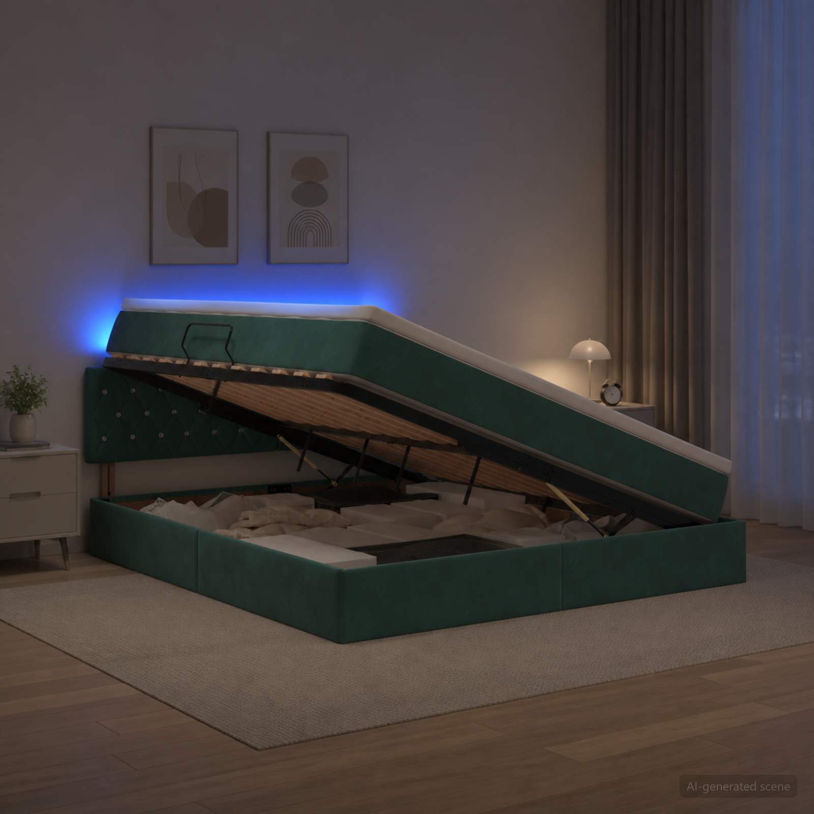 LED-Speicherbett mit Matratze Dunkelgrün 140 x 200 cm Samt