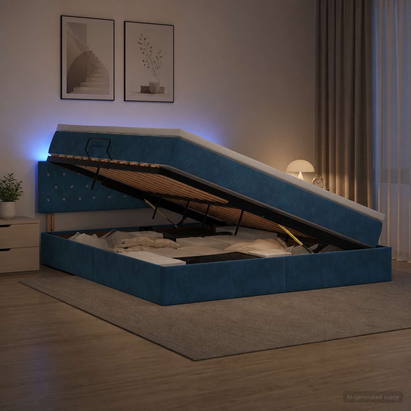 LED-Speicherbett mit Matratze Dunkelblau 160 x 200 cm Samt