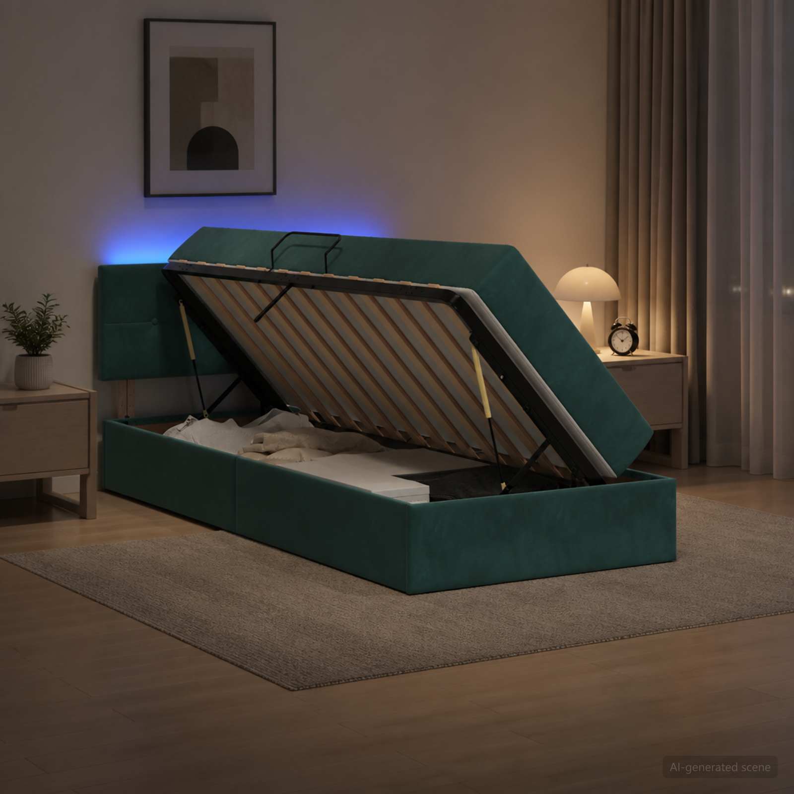 LED-Speicherbett mit Matratze Dunkelgrün 100 x 200 cm Samt