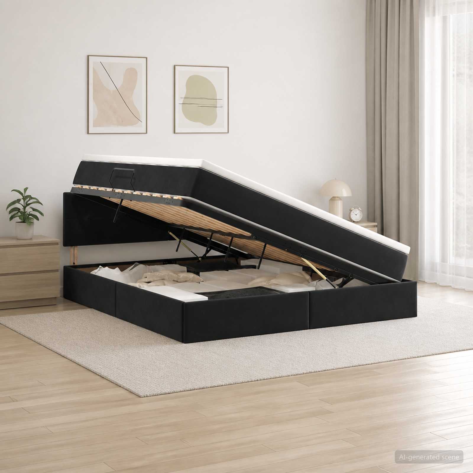 Aufbewahrungsbett mit Kopfteil Schwarz 160 x 200 cm Samt