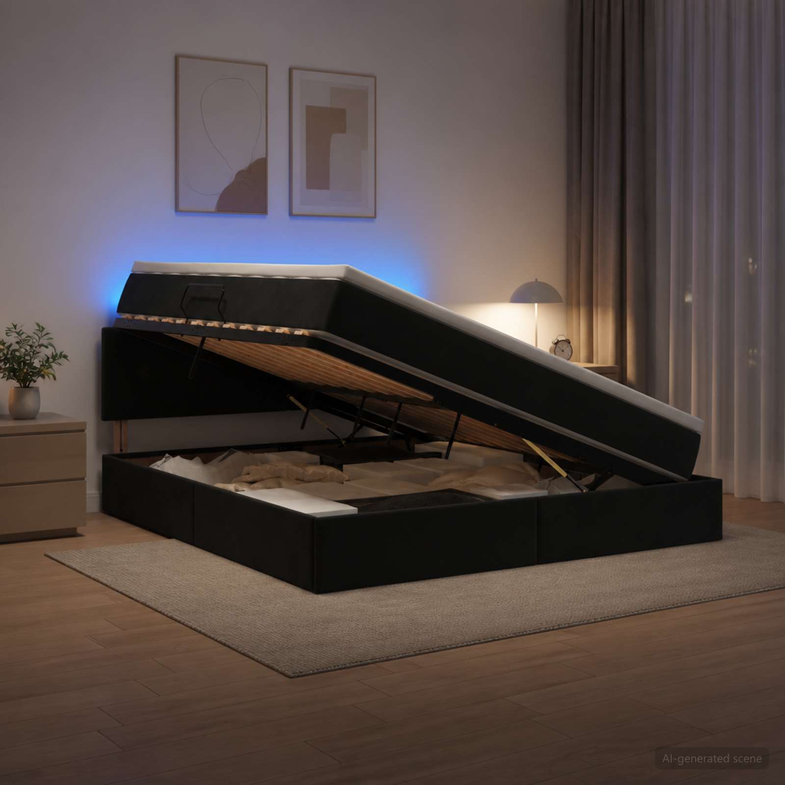 LED-Speicherbett mit Matratze Schwarz 160 x 200 cm Samt