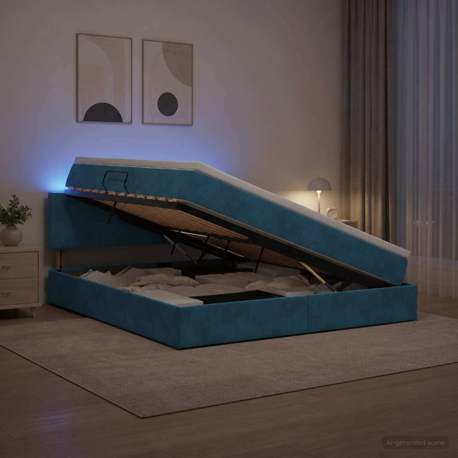 LED-Speicherbett mit Matratze Dunkelblau 160 x 200 cm Samt