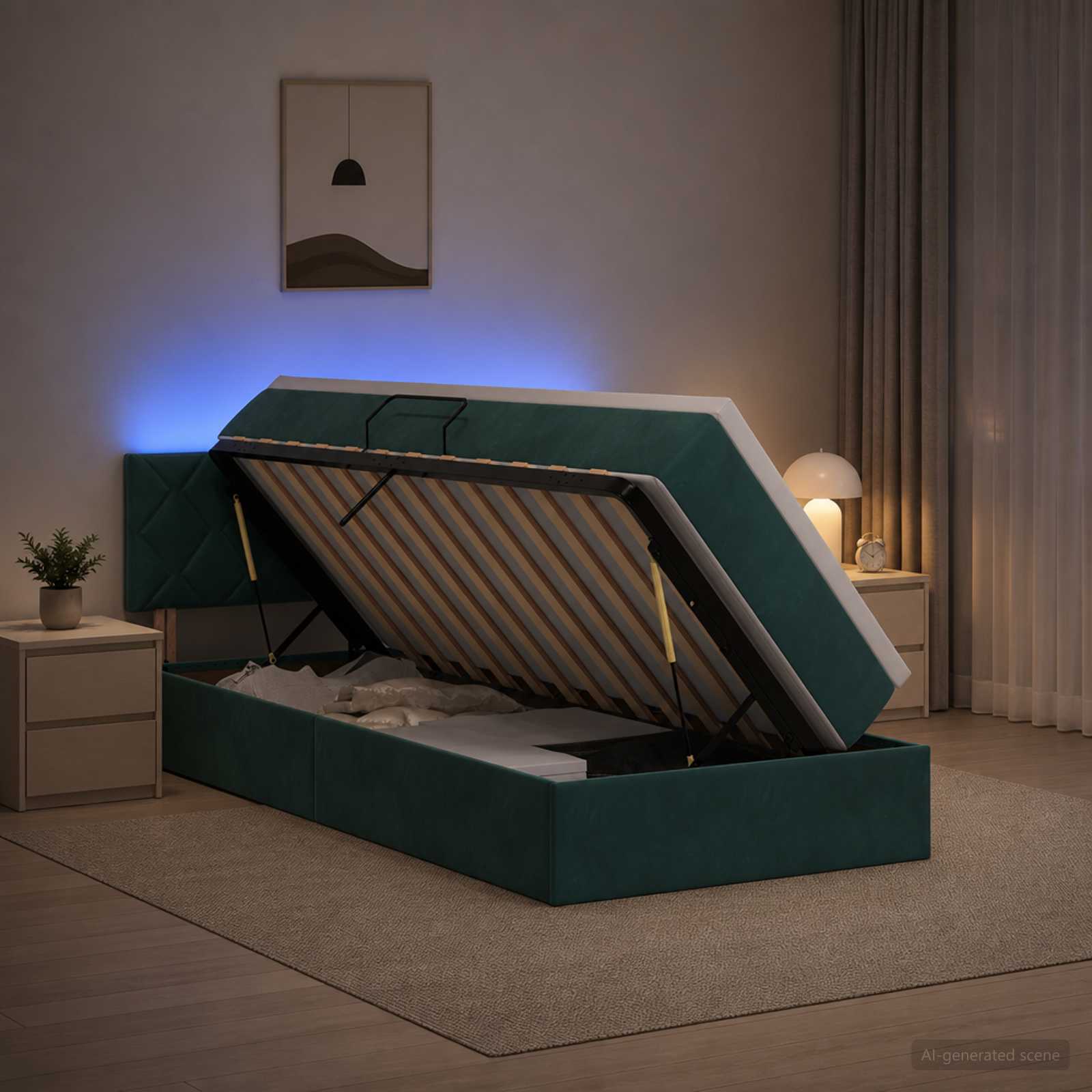 LED-Speicherbett mit Matratze Dunkelgrün 90 x 200 cm Samt