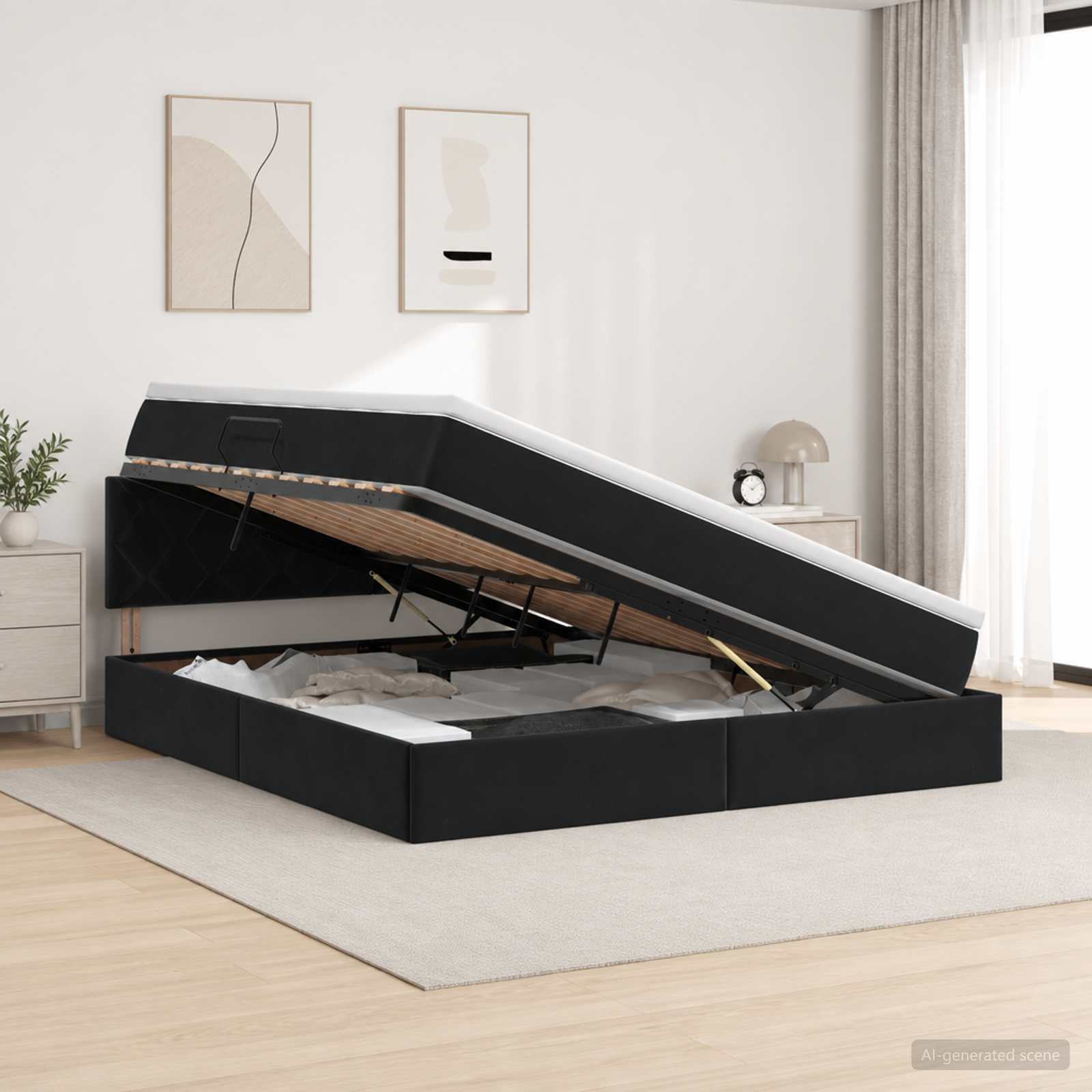 Aufbewahrungsbett mit Kopfteil Schwarz 160 x 200 cm Samt