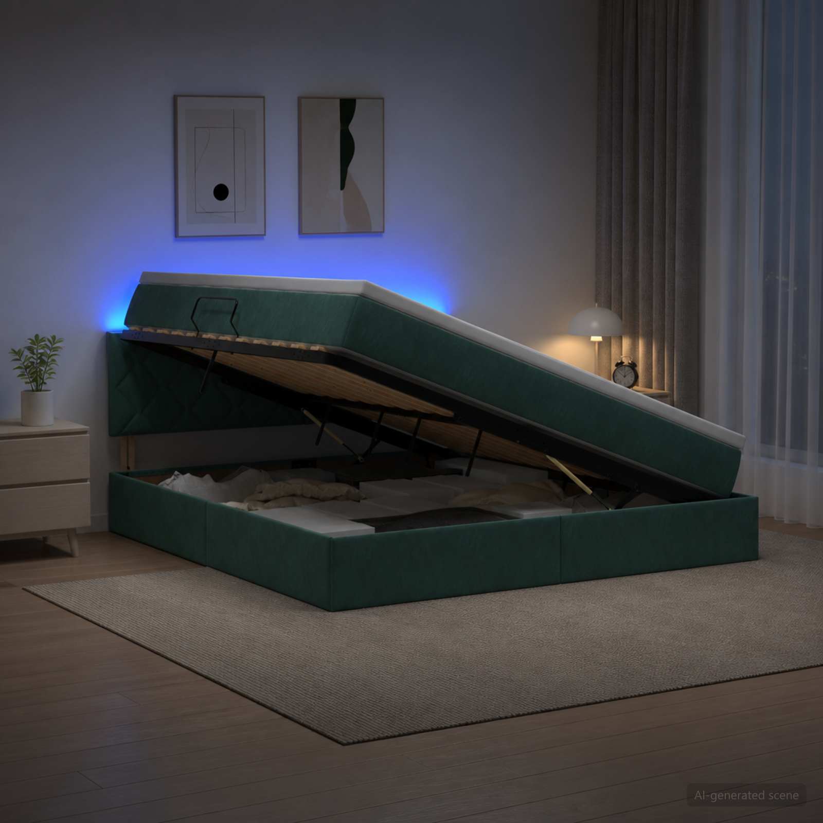 LED-Speicherbett mit Matratze Dunkelgrün 180 x 200 cm Samt