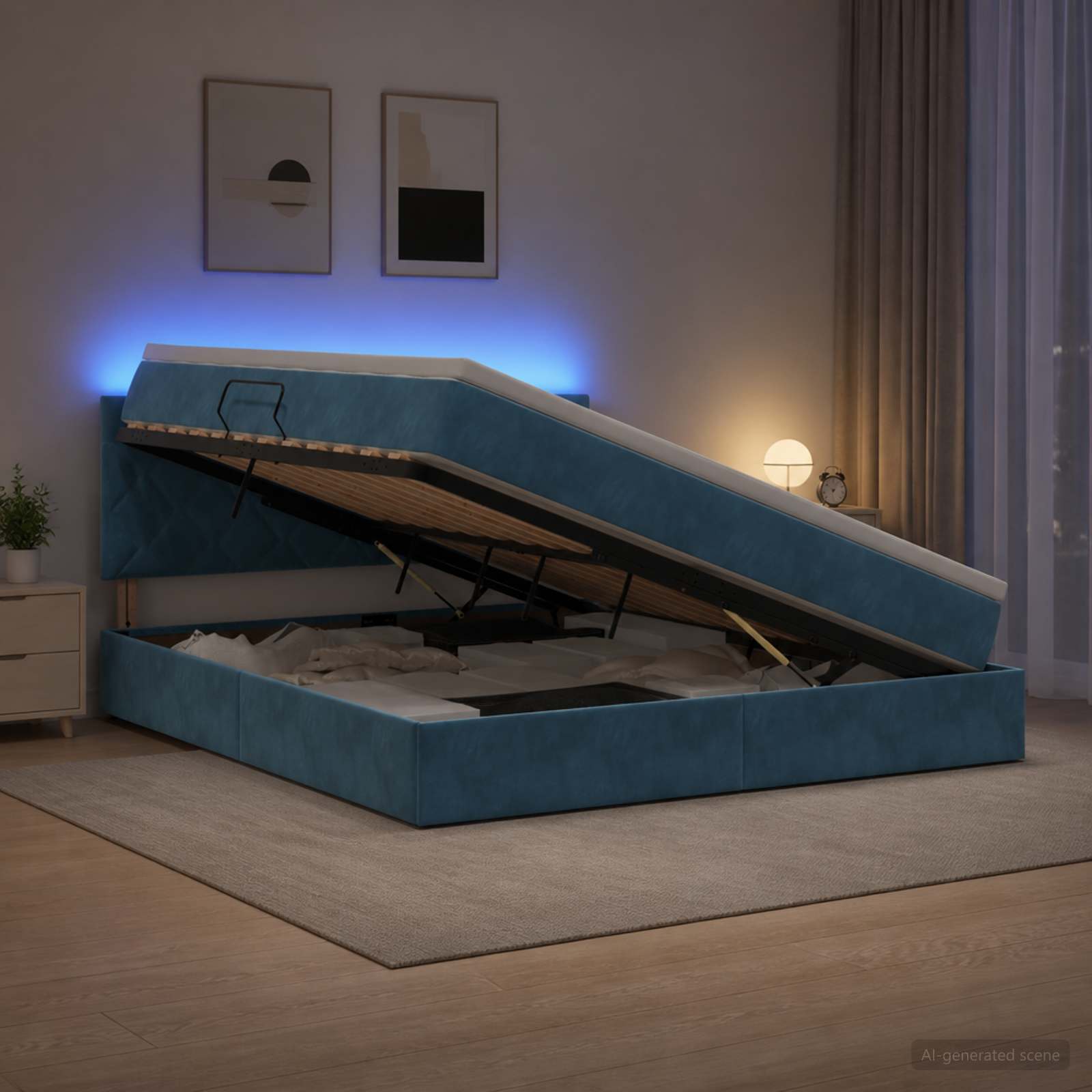 LED-Speicherbett mit Matratze Dunkelblau 160 x 200 cm Samt