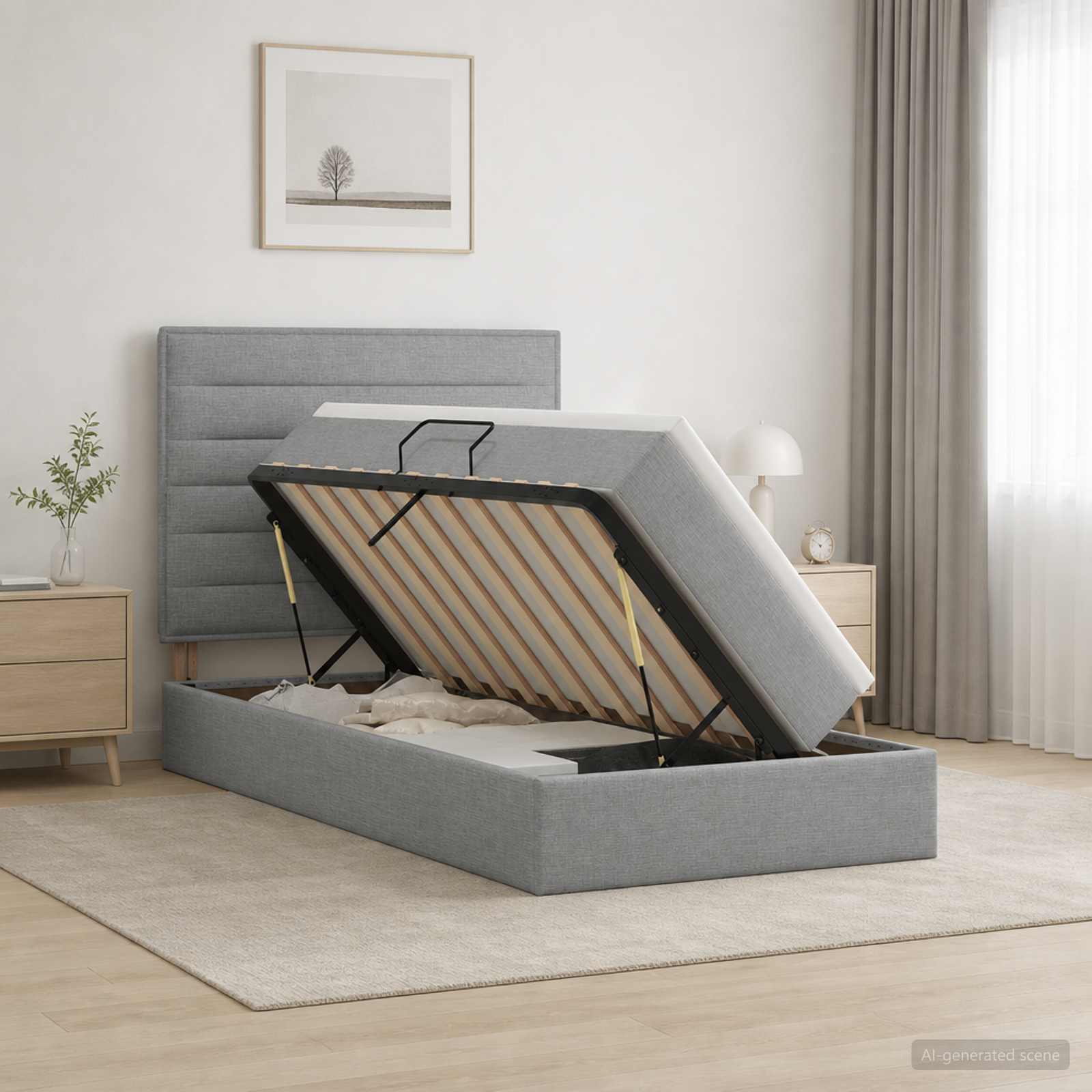 Aufbewahrungsbett mit Matratze Hellgrau 100 x 200 cm Stoff