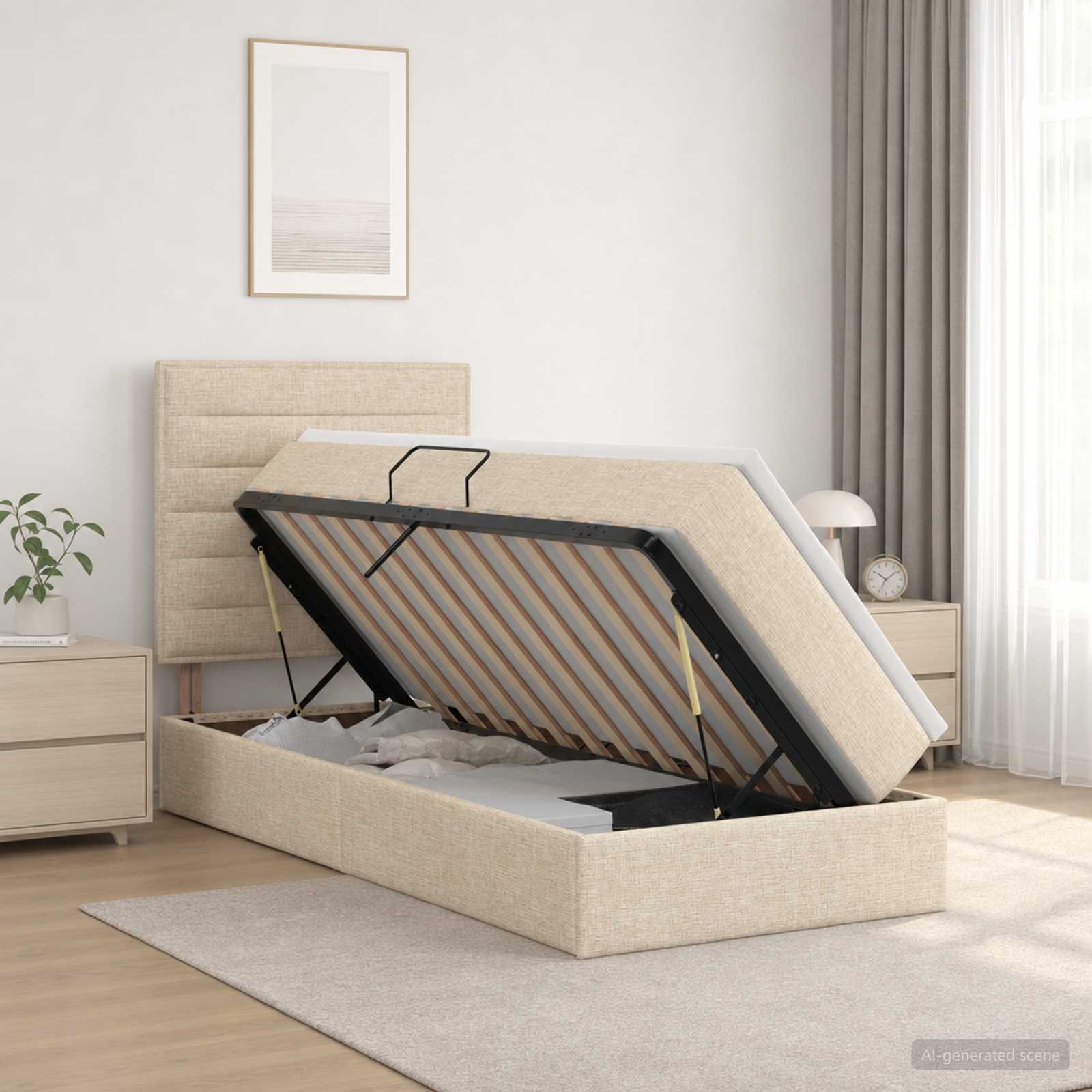 Aufbewahrungsbett mit Matratze Creme 100 x 200 cm Stoff