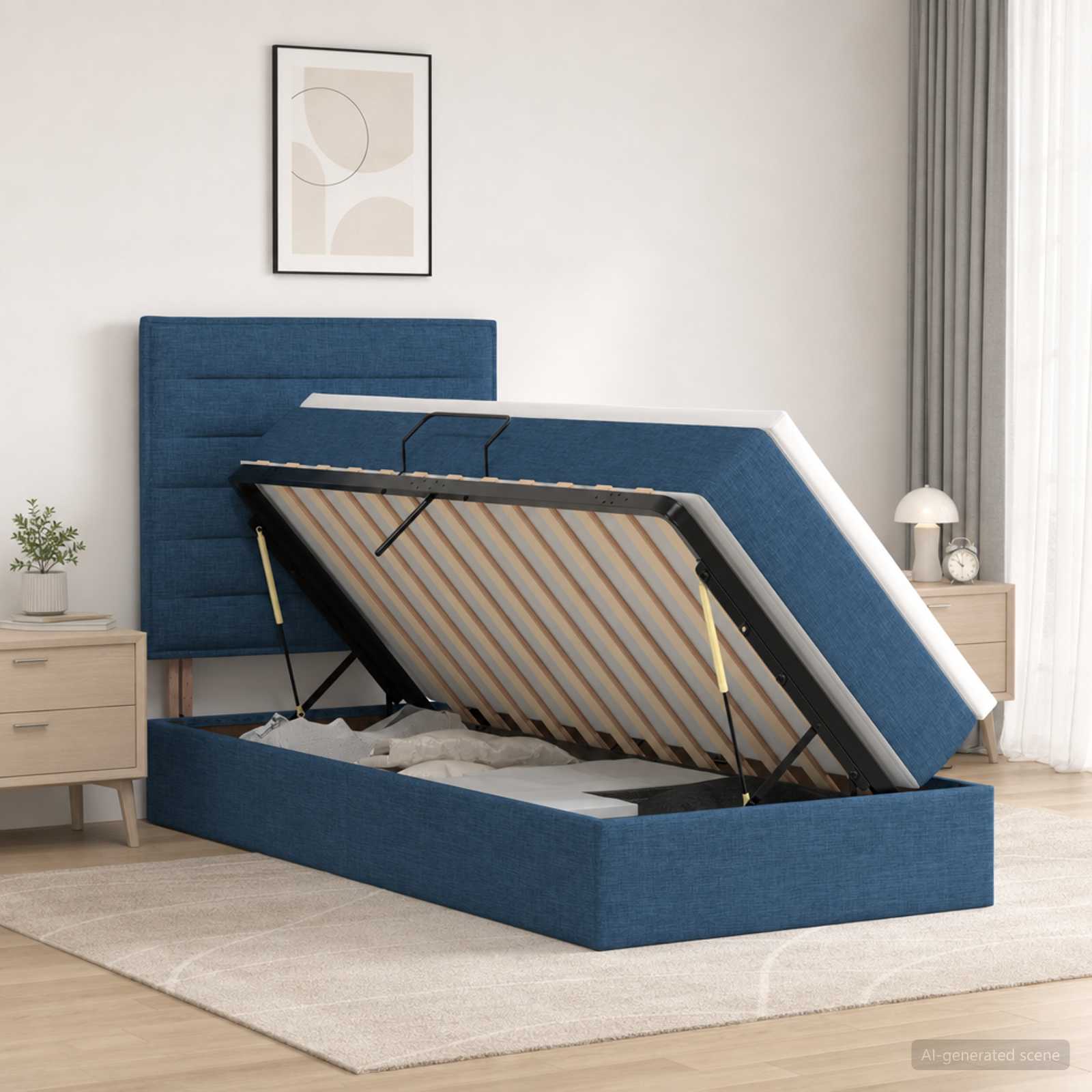 Aufbewahrungsbett mit Matratze Blau 90 x 200 cm Stoff