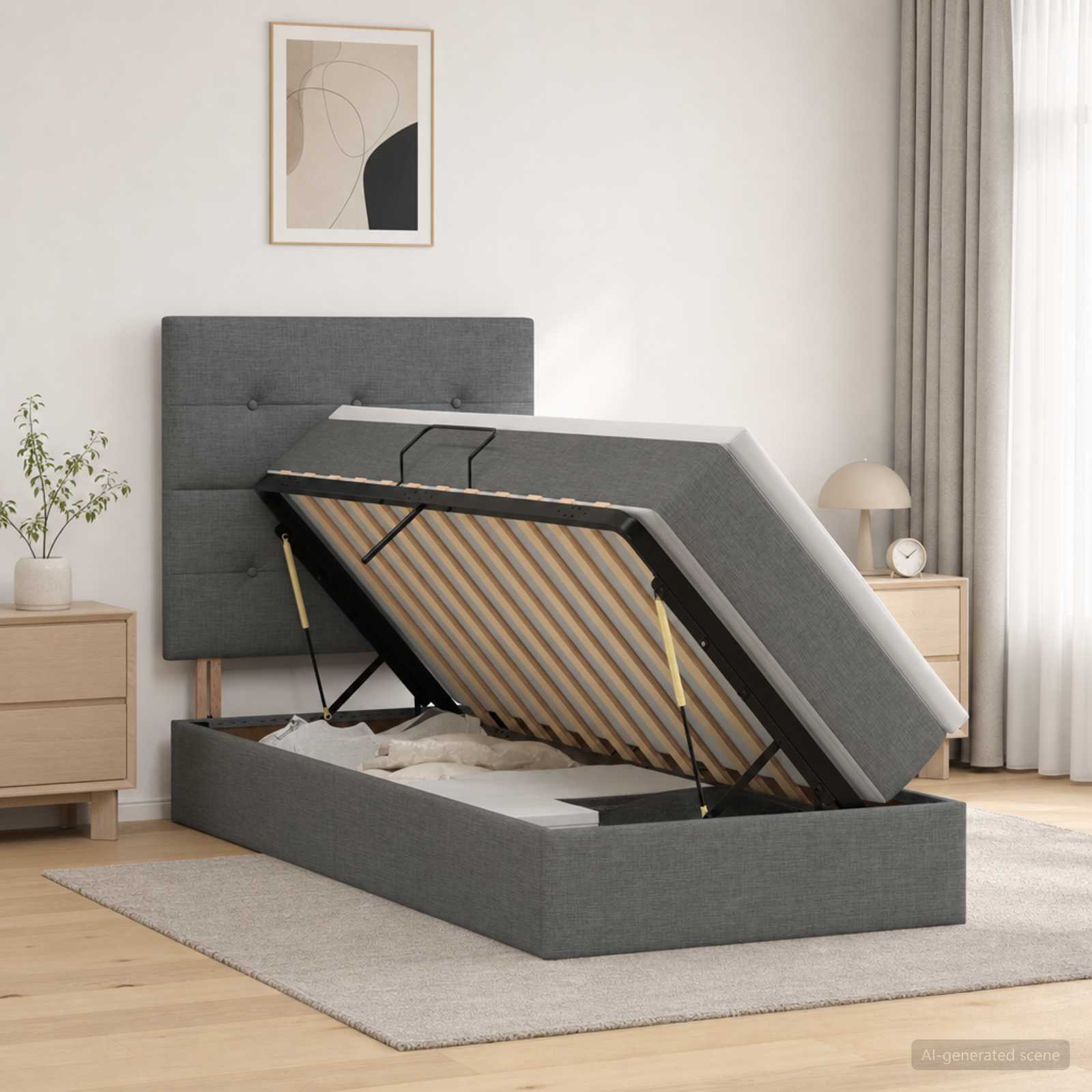 LED-Speicherbett mit Matratze Dunkelgrau 100 x 200 cm Stoff