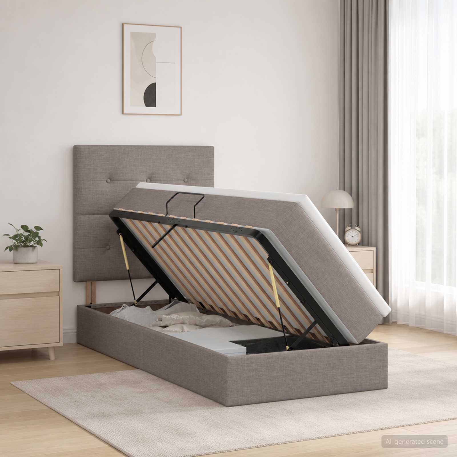 Aufbewahrungsbett mit Matratze Taupe 100 x 200 cm Stoff