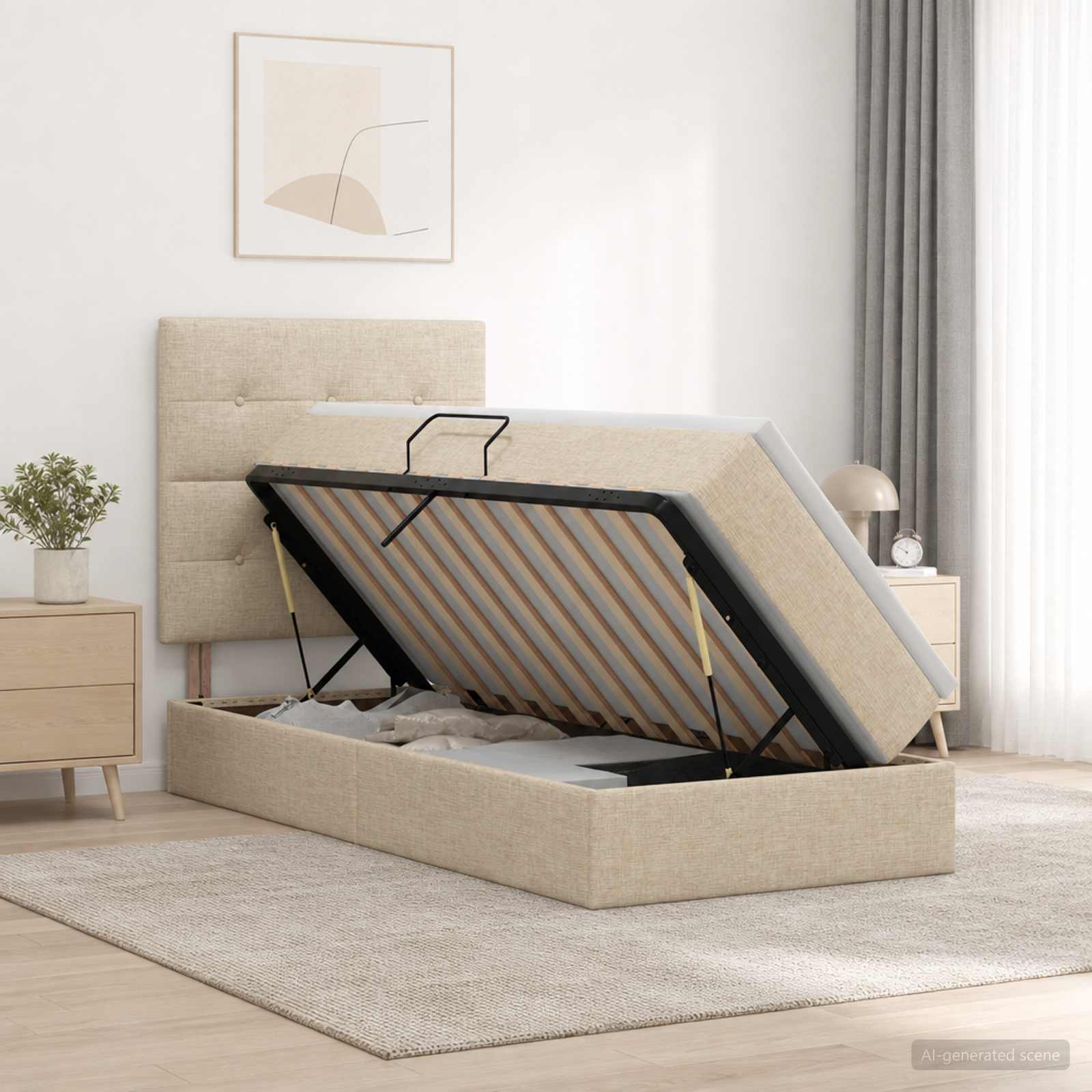 Aufbewahrungsbett mit Matratze Creme 90 x 190 cm Stoff