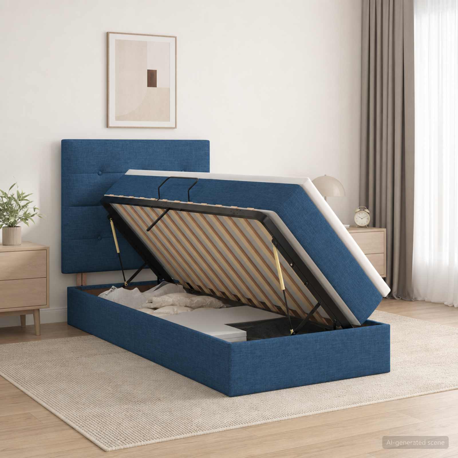 Aufbewahrungsbett mit Matratze Blau 90 x 200 cm Stoff