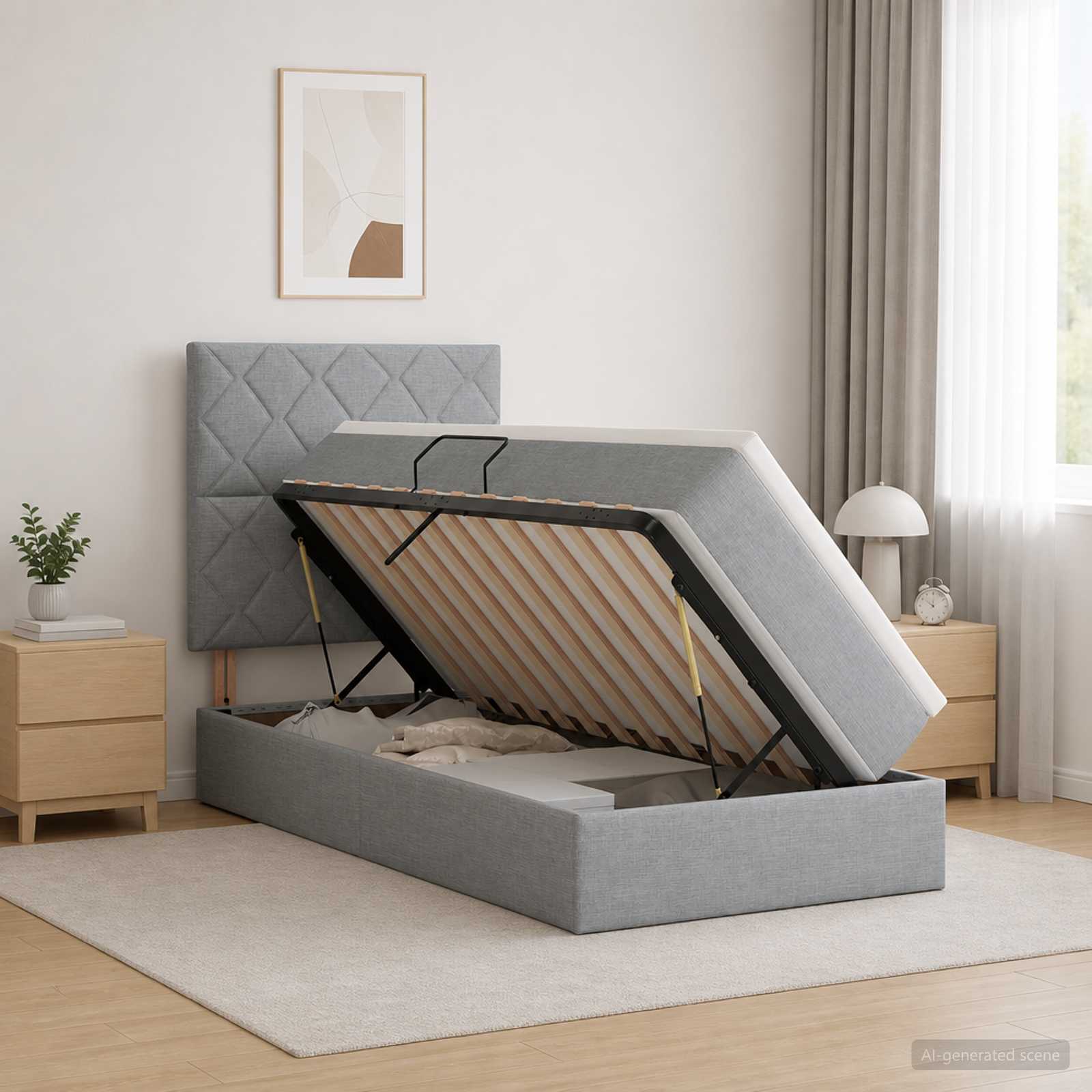 Aufbewahrungsbett mit Matratze Hellgrau 90 x 200 cm Stoff