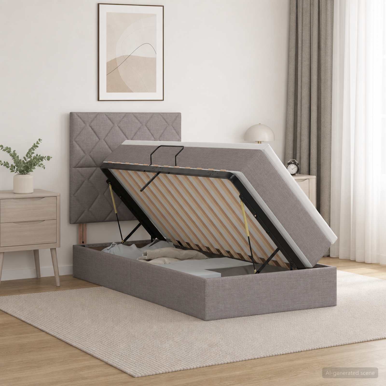 Aufbewahrungsbett mit Matratze Taupe 100 x 200 cm Stoff