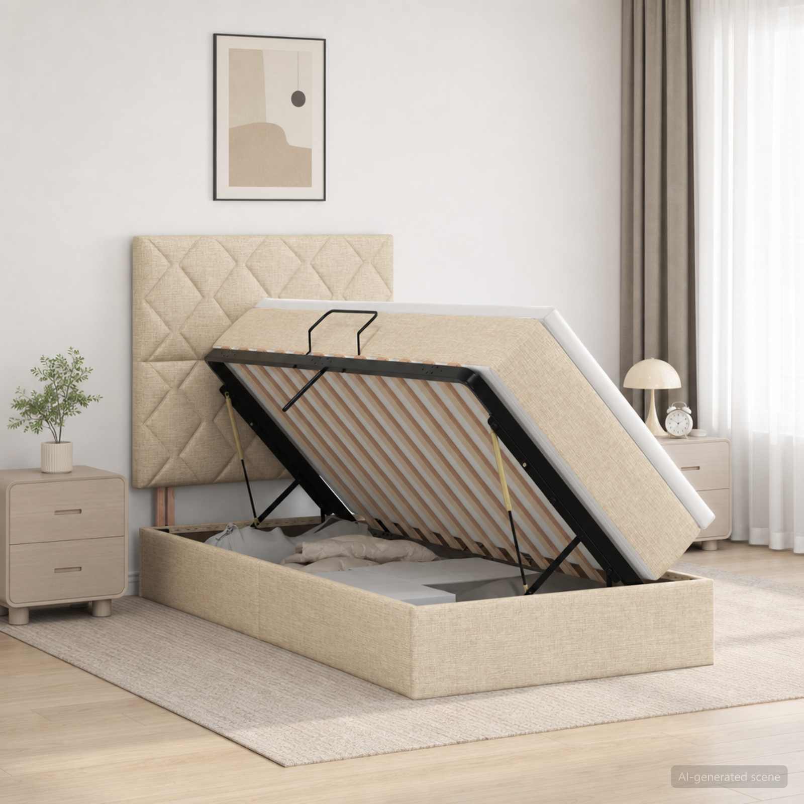 LED-Speicherbett mit Matratze Creme 90 x 200 cm Stoff
