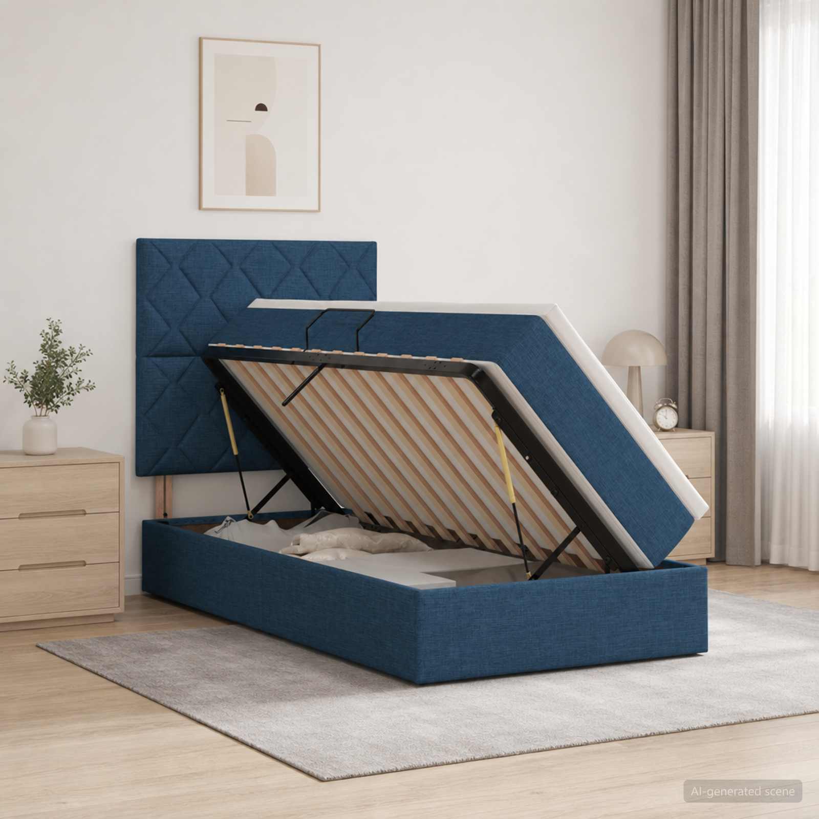 Aufbewahrungsbett mit Matratze Blau 90 x 200 cm Stoff