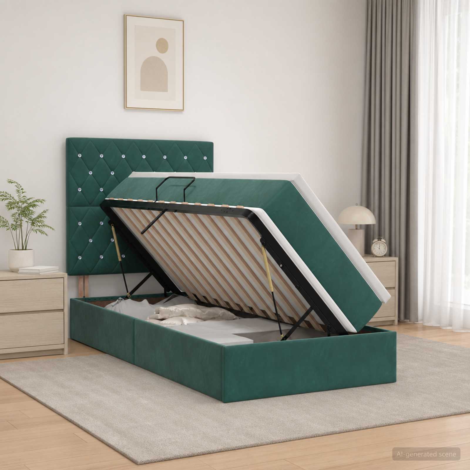 LED-Speicherbett mit Matratze Dunkelgrün 90 x 200 cm Samt