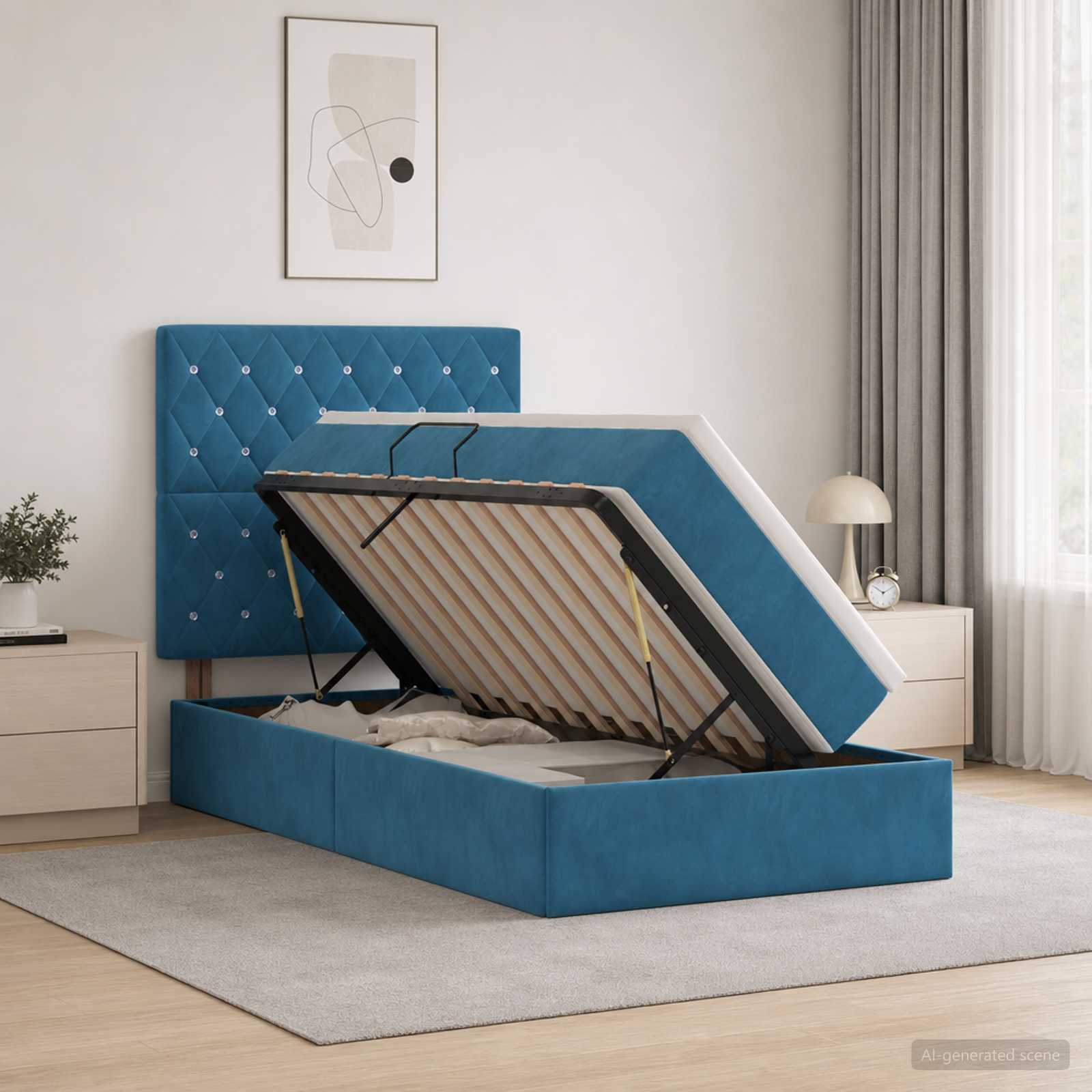 LED-Speicherbett mit Matratze Dunkelblau 100 x 200 cm Samt