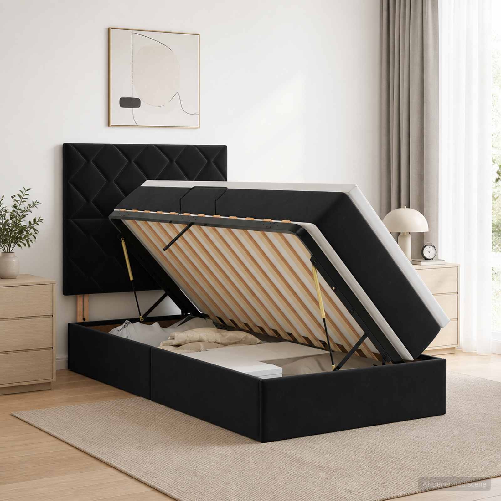 Aufbewahrungsbett mit Matratze Schwarz 100 x 200 cm Samt
