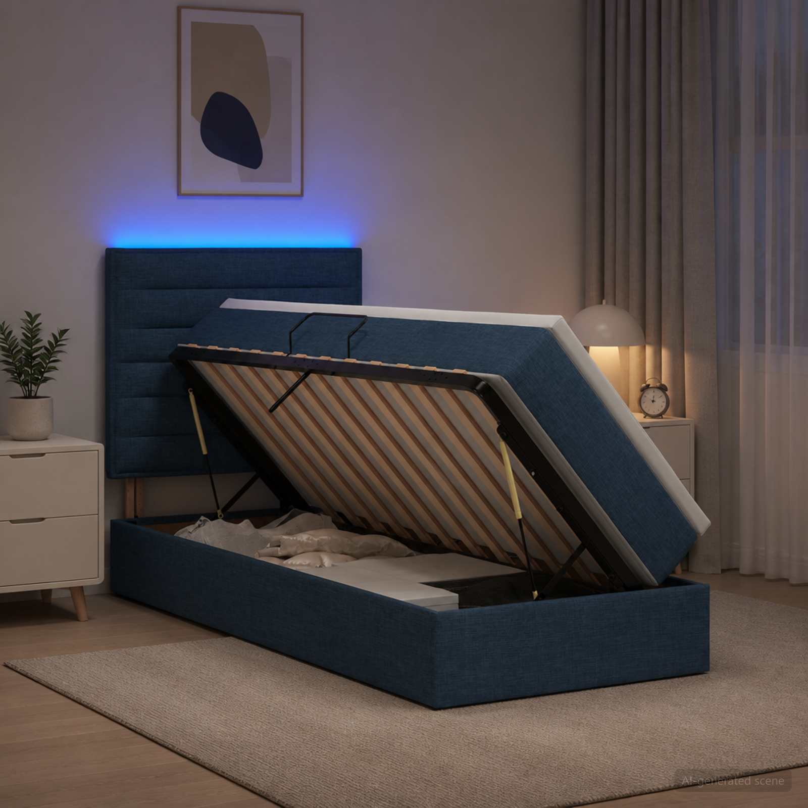 LED-Speicherbett mit Matratze Blau 90 x 200 cm Stoff