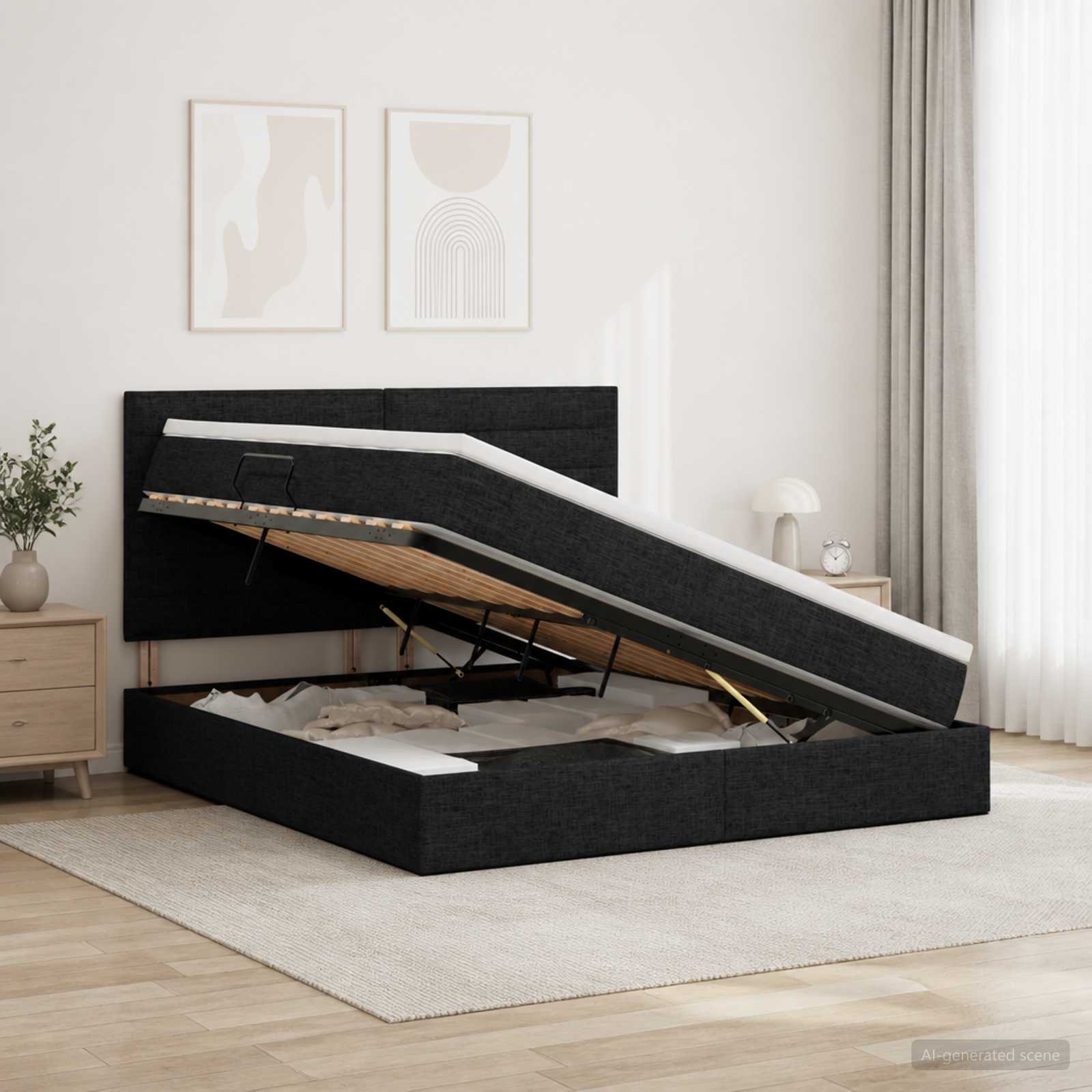 Aufbewahrungsbett mit Matratze Schwarz 140 x 190 cm Stoff