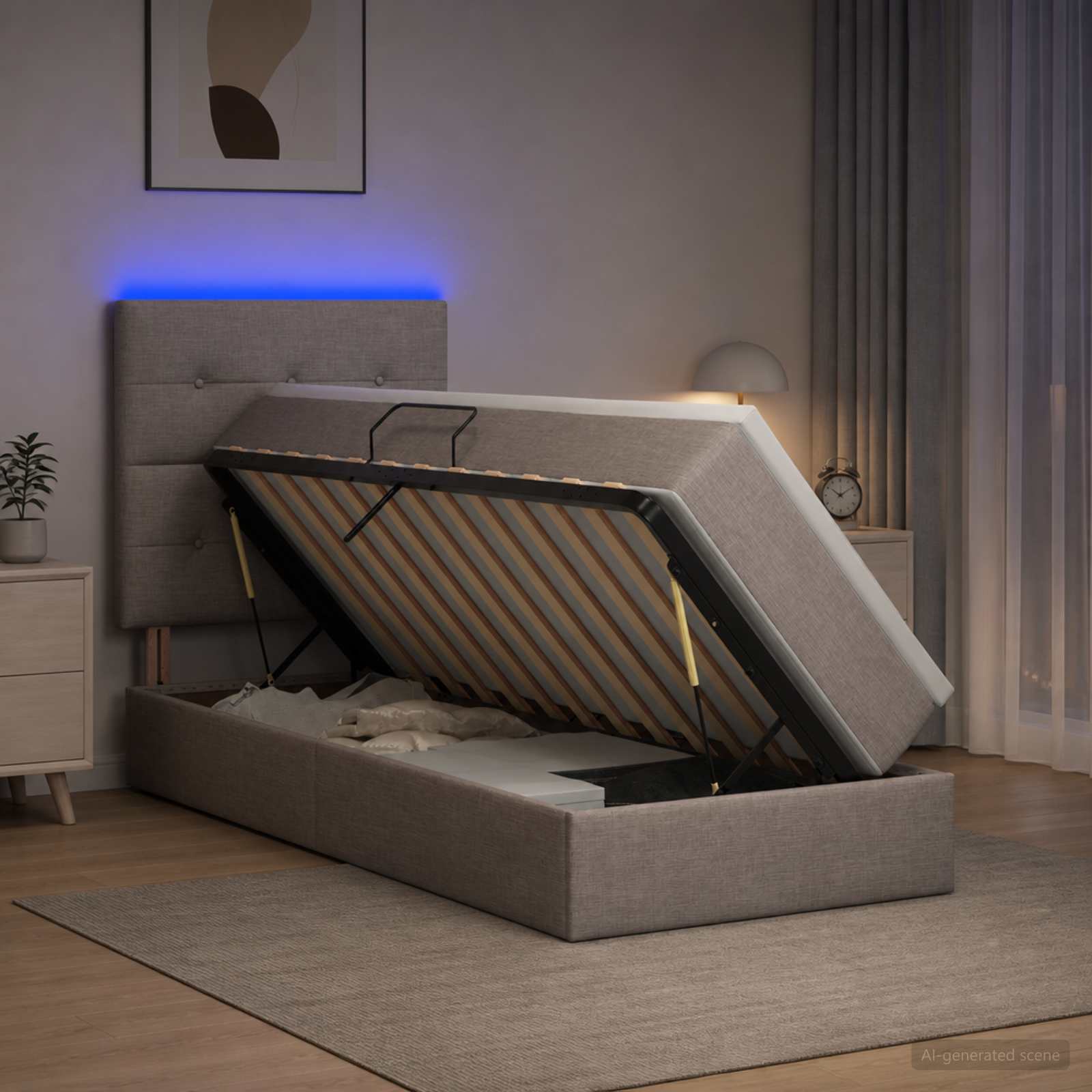 LED-Speicherbett mit Matratze Taupe 100 x 200 cm Stoff