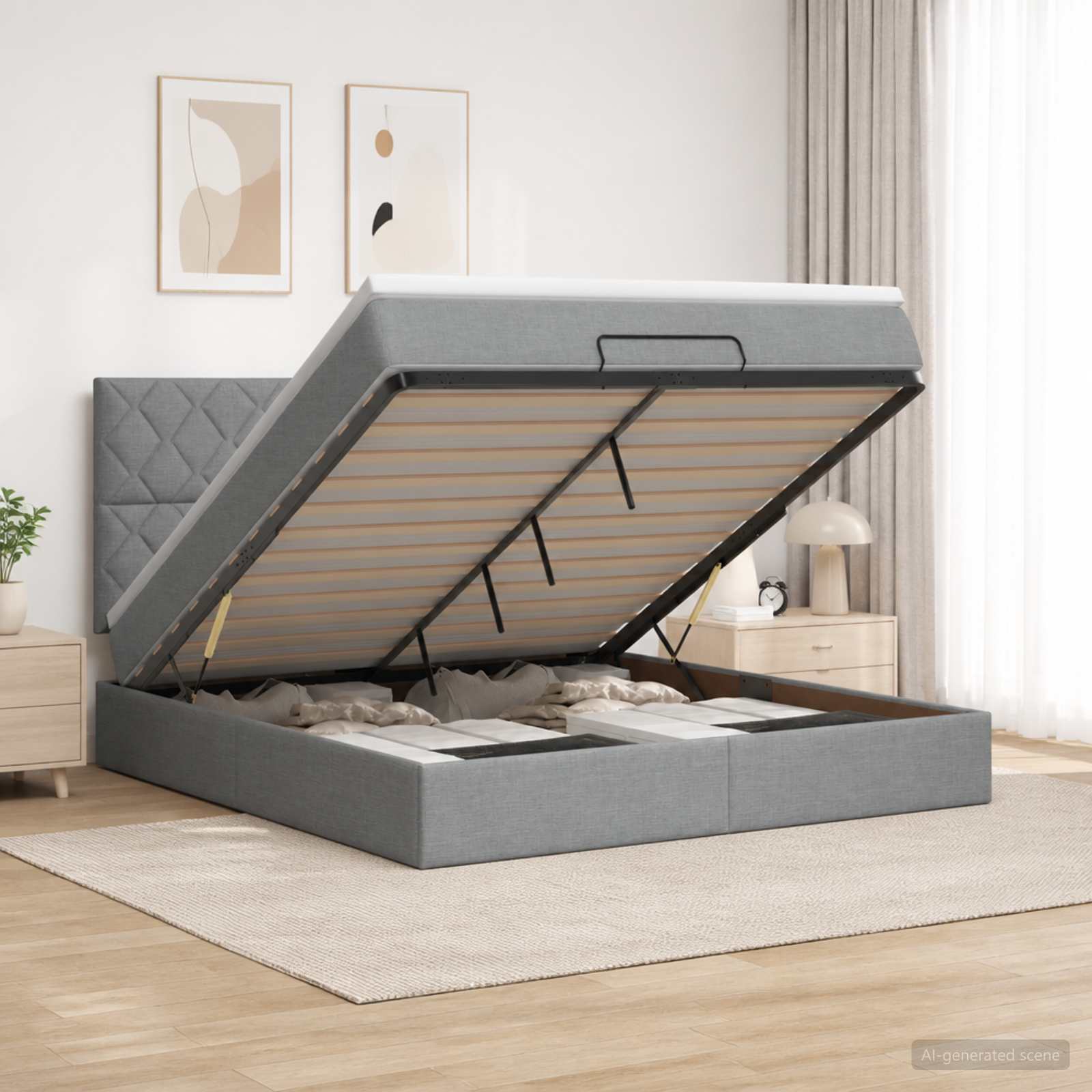 Ottoman Bett mit Matratze Hellgrau 140 x 200 cm Stoff