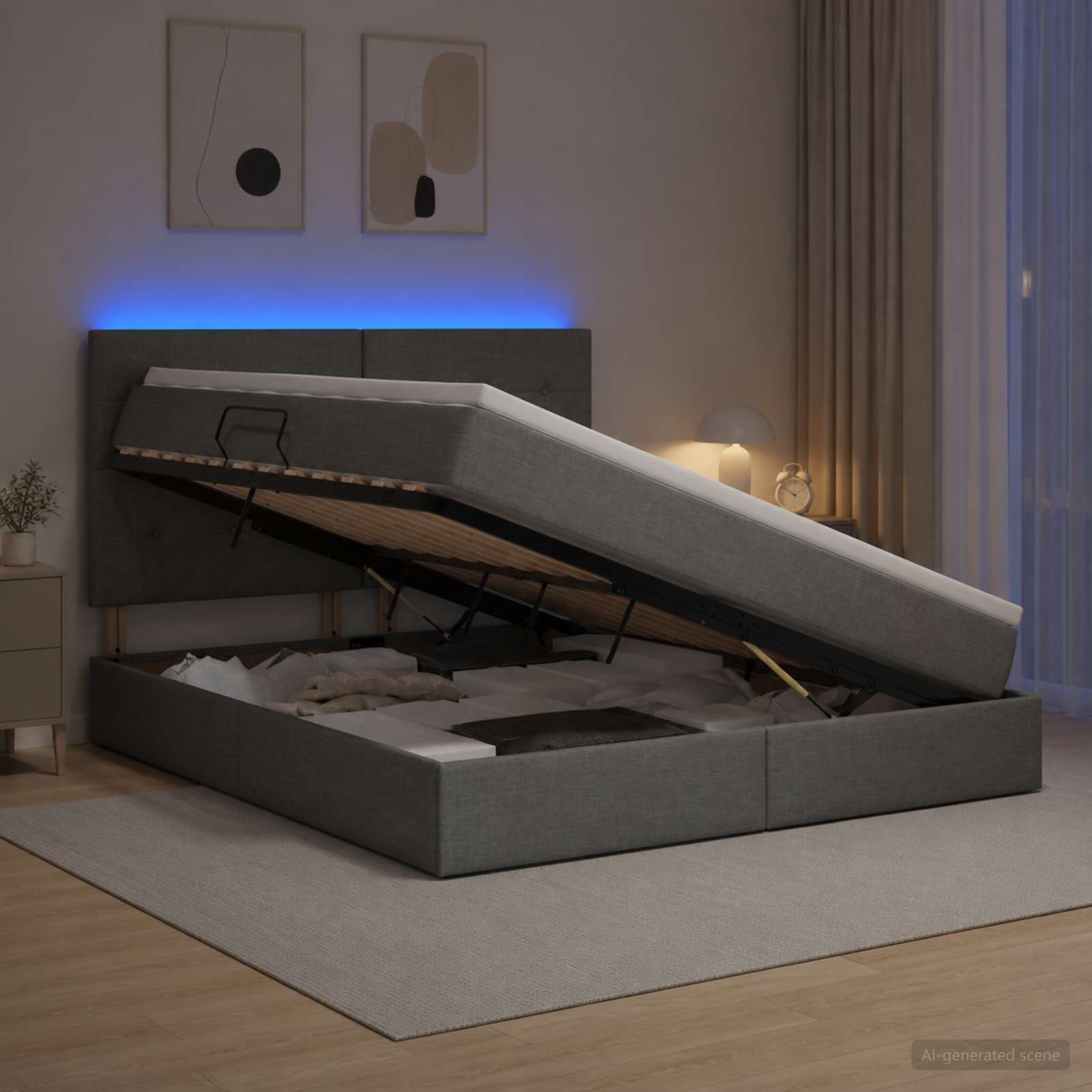 LED-Speicherbett mit Matratze Dunkelgrau 140 x 200 cm Stoff